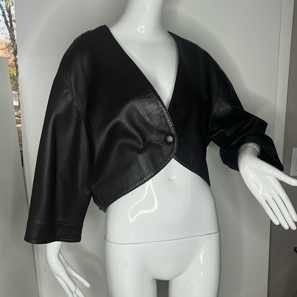 Vintage Brown Leather Sz 6-8 Loose Open Bolero 3/4 Sleeve Jacket - Picture 1 of 11